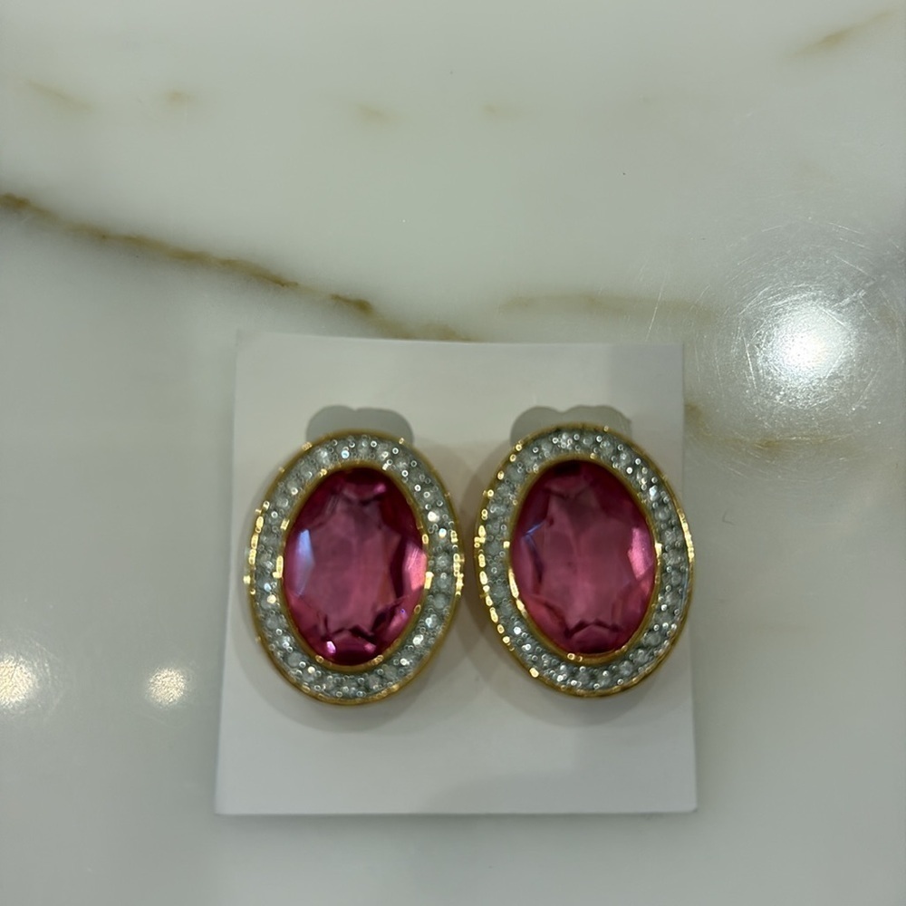 Swarovski Vintage Pink & White Crystal Oval Clip Earrings—STUNNING!! New!!